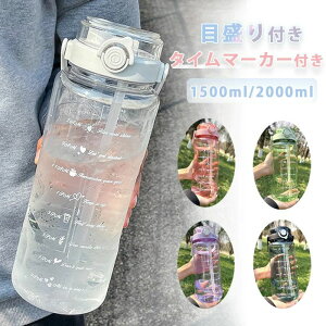 水筒 2L 目盛り付き 水筒 ストロー付 2リットル 1.5L ウォーターボトル タイムマーカー 直飲み 携帯便利 漏れ防止 子供 キッズ 目盛り 大容量 軽量 グラデーション おしゃれ かわいい 大人 スポーツボトル 登山用 キャンプ ランニング 自転