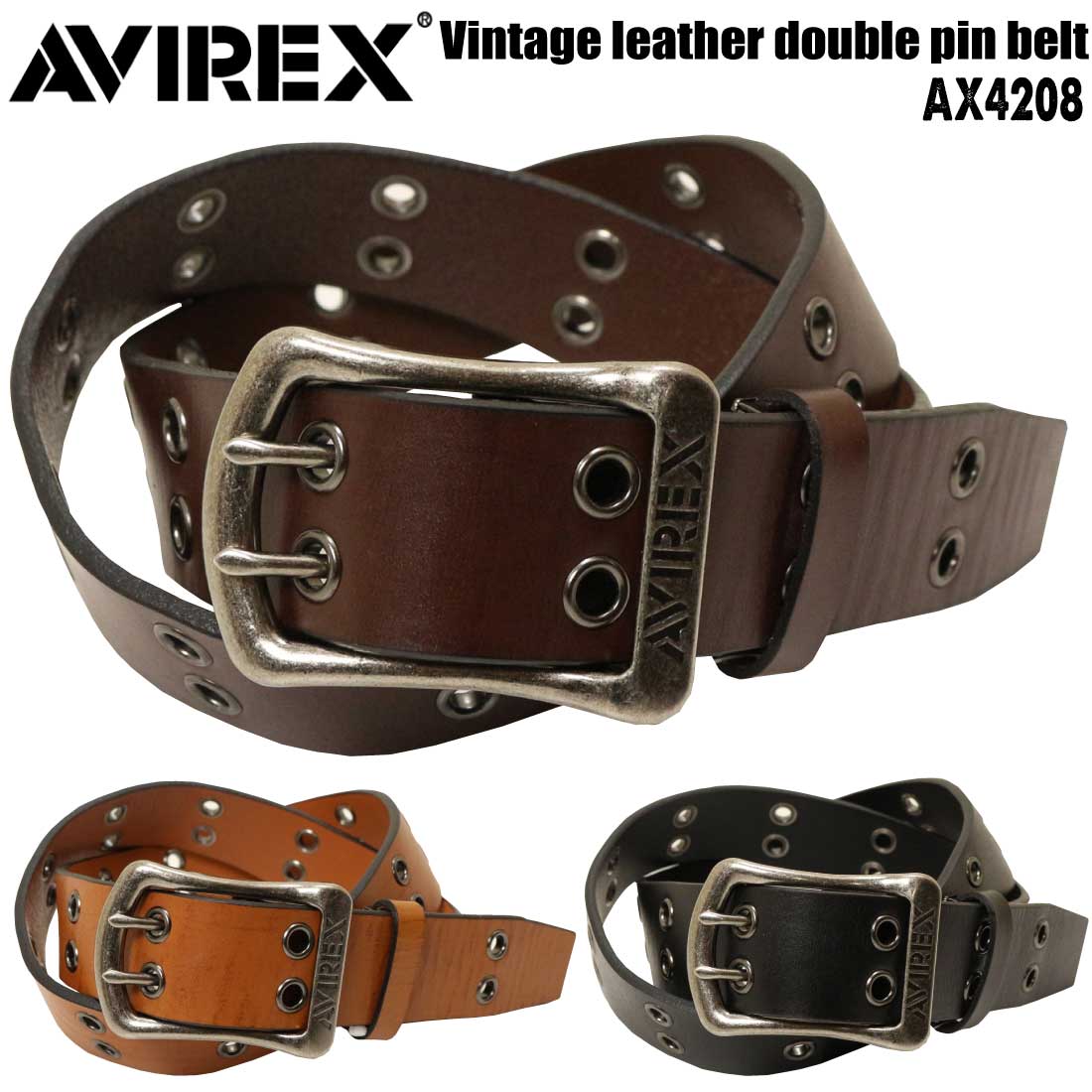 AVIREX アヴィレックス アビレックス ベルト AX4208 ヴィンテージ加工 ダ ブルピン ロゴ入り美錠 レザーベルト 本革 カジュアルベルト カット可 日本製