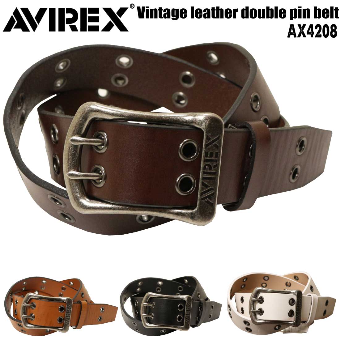 AVIREX アヴィレックス アビレックス ベルト AX4208 ヴィンテージ加工 ダ ブルピン ロゴ入り美錠 レザーベルト 本革 カジュアルベルト カット可 日本製