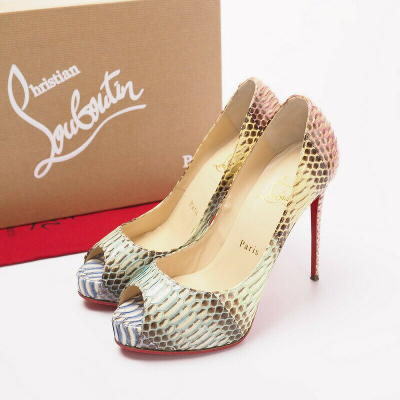 ■美品■ Christian Louboutin クリスチャンルブタン《NEW VERY PRIVE》パイソンレザー オープントゥ パンプス サイズ35.5（22cm相当) 靴 イタリア製 ブランド古着【中古】20210617/GH8596