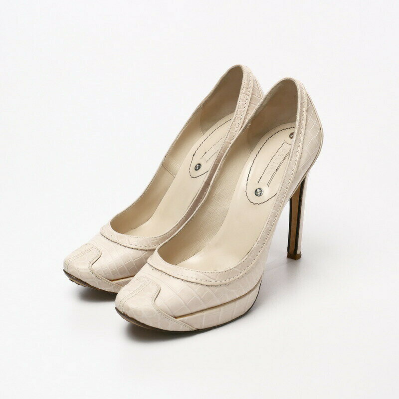 ■美品■CELINE セリーヌ パンプス 靴 サイズ 34（21cm相当）イタリア製 ライトベージュ系 レザー 型押し プラットフォーム ブランド古着【中古】20210628/GH9360