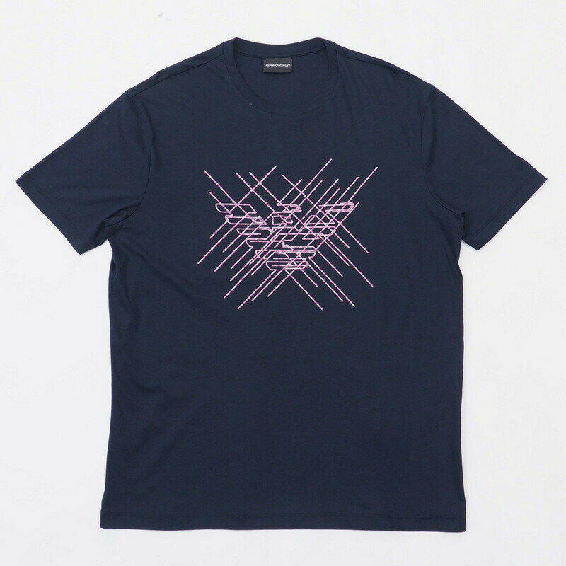 ■美品■EMPORIO ARMANI エンポリオアルマーニ 《2019SS》3G1T73 1JPRZ 半袖 クルーネック Tシャツ カットソー メンズ サイズXXL ネイビー ロゴ刺繍 ブランド古着【中古】20210718/GI2706