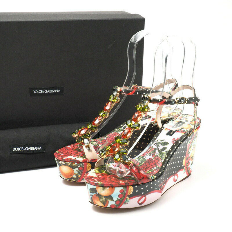 ■未使用品■DOLCE＆GABBANA ドルチェアンドガッバーナ ウエッジサンダル アンクルトラップ ビジュー プラットフォーム サンダル サイズ37（23cm相当）イタリア製 靴 20220914/GL6843
