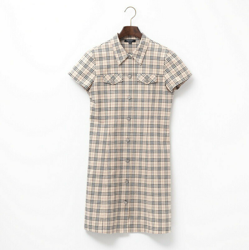 ■美品■BURBERRY LONDON バーバリー チェック柄 半袖 シャツワンピース サイズ160A ベージュ ストレッチ ブランド古着【中古】20221116/GL7537