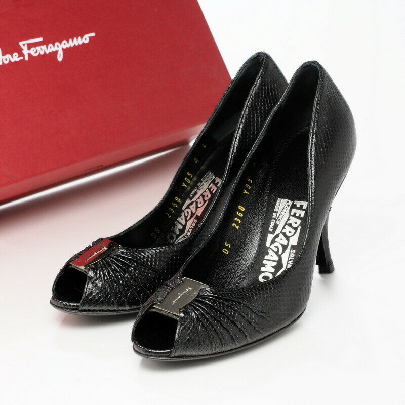 ■美品■Salvatore Ferragamo サルヴァトーレ フェラガモ《TIBERIA》ヴァラ オープントゥ パンプス 靴 サイズ4C（21cm相当）リザード型押しレザー ブラック イタリア製 ブランド古着【中古】20230524/GN3293