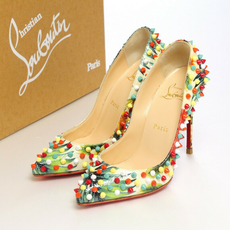 ■美品■ Christian Louboutin クリスチャンルブタン FOLLIES SPIKES 100 CALF HAWAII スタッズ パンプス 靴 サイズ36.5（23.0cm相当) マルチカラー フラワープリント イタリア製 ブランド古着【中古】20230703/GN6950