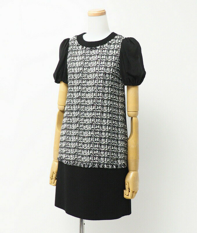 ■美品■FOXEY フォクシー シフォンパフスリーブ ツイード ワンピース ドレス サイズ38《33005》ブラック ブランド古着【中古】20231127/GO8136