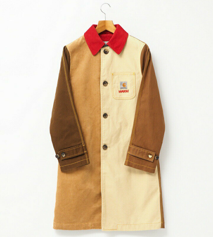 【SALE】 美品 2023SS MARNI CARHARTT WORK IN PROGRESS マルニー カルハートWIP TOBACCO ステンカラーコート ロングコート アウター メンズ サイズXS コットン 異素材切替 ブランド古着【中古…