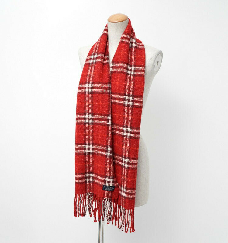 ■美品■BURBERRY LONDON バーバリー チェック マフラー ストール ショール 襟巻 ウール アンゴラ カシミヤ フリンジ レッド 英国製 ブランド古着【中古】20240104/GP0478