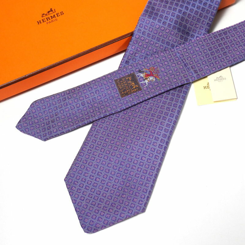 ■美品■HERMES エルメス L'AIR DE GINZA シルク ネクタイ ジャガードタイ 幅8cm 総柄 パープル フランス製 ブランド古着【中古】20240208/GP2128