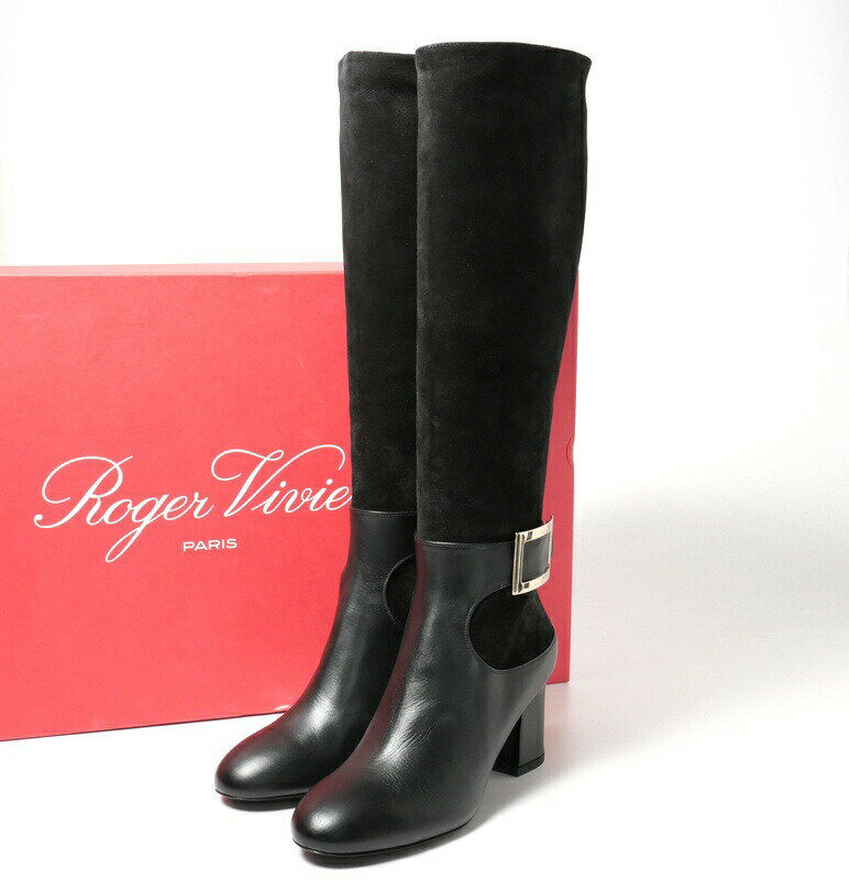 Roger Vivier ロジェ・ヴィヴィエ ≪CHUNKY TROMPETTE METAL B BOOT 70≫スエードレザー ジョッキーブーツ ロングブーツ 靴 サイズ35.5(23cm相当) ブラック イタリア製 ブランド古着【中古】20240319/GP4463