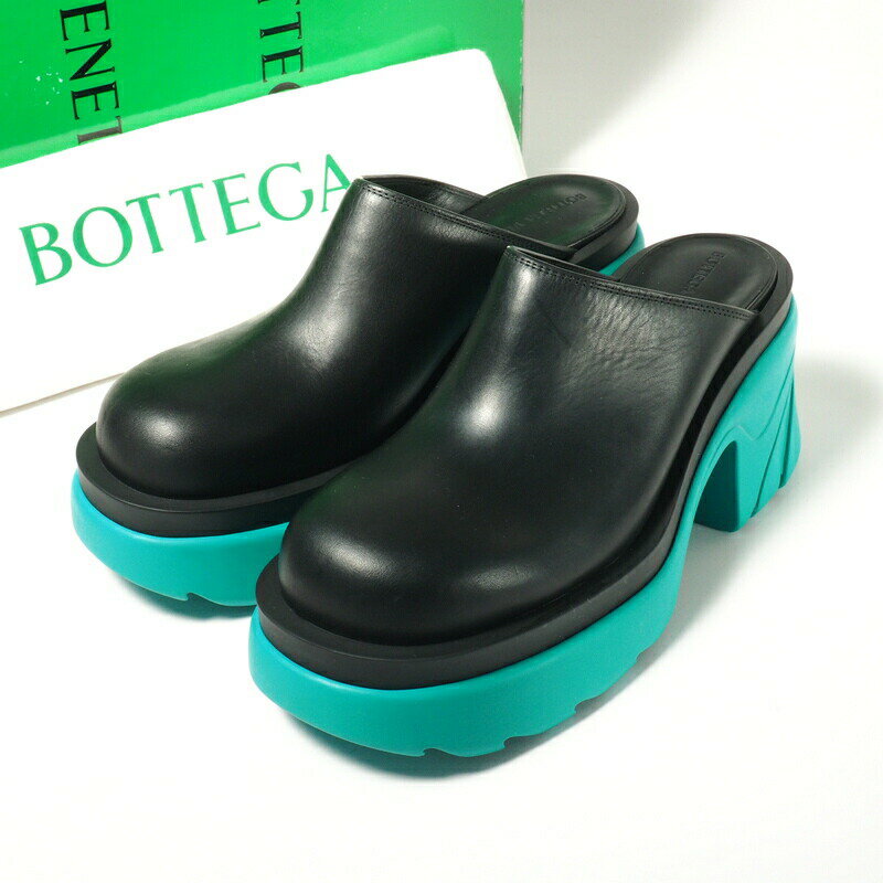 ■未使用品■BOTTEGA VENETA ボッテガヴェネタ ≪FLASH フラッシュ≫ サボサンダル ミュール 靴 サイズ38（24.5cm相当）レザー プラットフォーム ブラック/グリーン イタリア製 ブランド古着【中古】20240329/GP6154