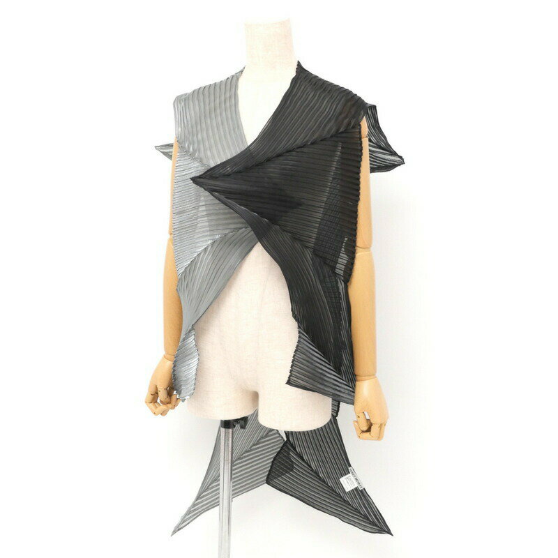 ■美品■ISSEY MIYAKE イッセイ ミヤケ プリーツ ショール ストール 羽織り バイカラー ブラック×グレー ブランド古着【中古】20240520/GP8265