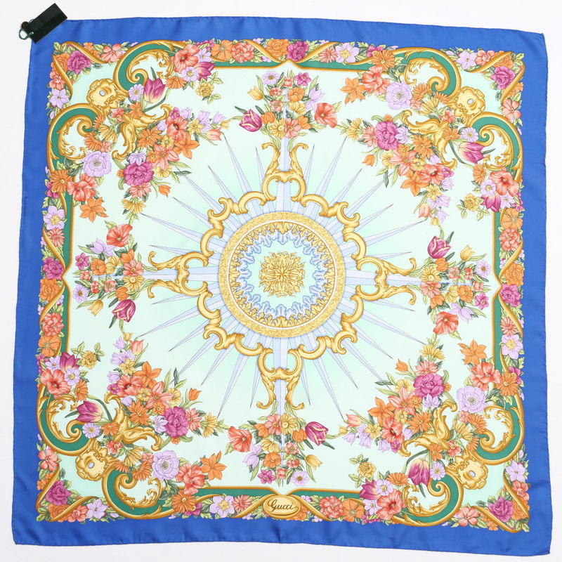 ■未使用品■GUCCI グッチ シルクスカーフ《約87cm×約87cm》グリーン×ブルー イタリア製 フラワー アクセサリー ブランド古着 【中古】20240523/GP7145