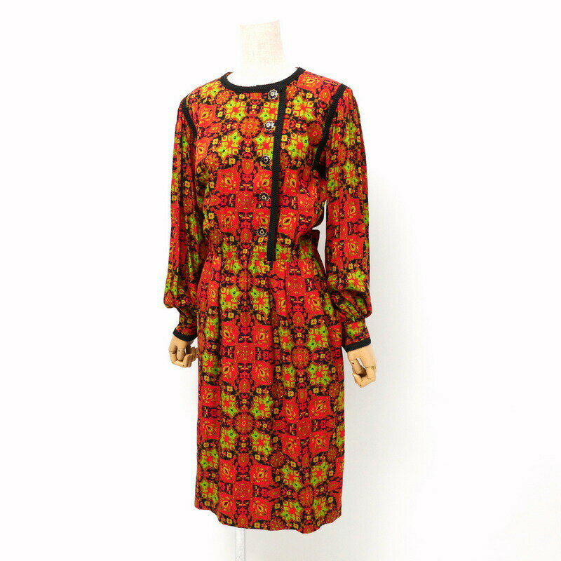 ■美品■Yves Saint Laurent rive gauche イヴサンローランリヴゴーシュ ヴィンテージ ワンピース サイズ38 シルクワンピース 総柄 フランス製 ブランド古着【中古】20240617/RA0009