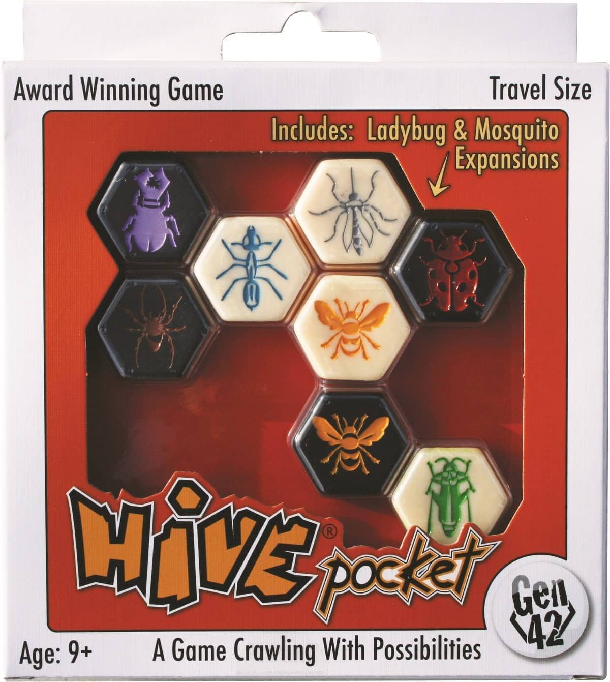 ボードゲーム Hive Pocket ハイブ ポケット 昆虫たちの戦略バトル 六角形ピース配置 女王蜂囲み勝利 ブランド Hive 新境地 盤面不要 手軽 持ち運び 四ターン目の女王蜂配置 甲虫 バッタ クモ 蟻 多彩昆虫ピース 高戦略性 英語版 日本語説明書なし