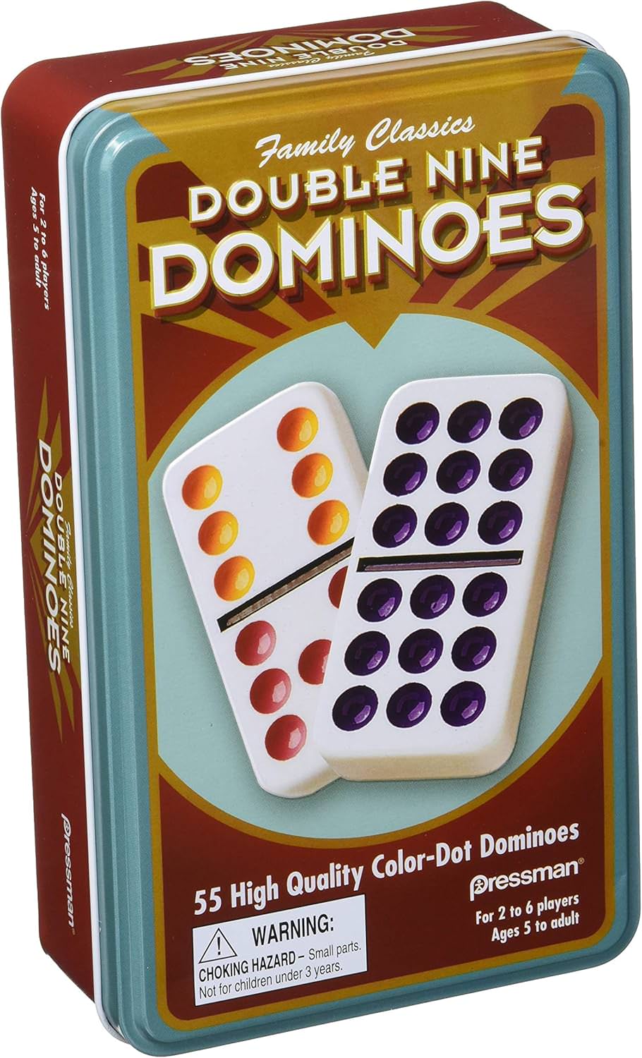 ドミノゲーム Pressman Toy Double Nine Dominoes ジャンボサイズ クリスタライン 55個 高品質 タイル素材 2人から7人 5歳以上 メキシカントレイン 鮮やか色ドット ヴィンテージ缶ケース 英語版 日本語説明書なし