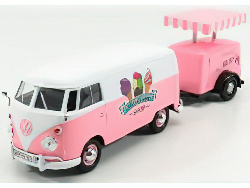 VOLKSWAGEN T1 TYPE 2 VAN ICE CREAM WITH TRAILER 1962 - WHITE PINK/Motor Max 1/24~jJ[