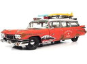 1959 Cadillac エルドラド救急車 サーフシャーク フェードした錆びたレッド ホワイト シャークグラフィックス サーフボード/AutoWorld 1/18ミニカー