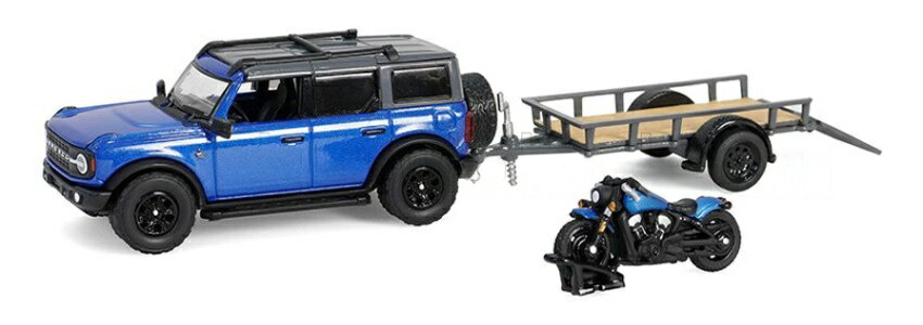 FordフォードUSA ブロンコ ブラックダイアモンド トレーラー オートバイ付き 2021 ブルー ブラック / GREENLIGHT 1/64 ミニカー