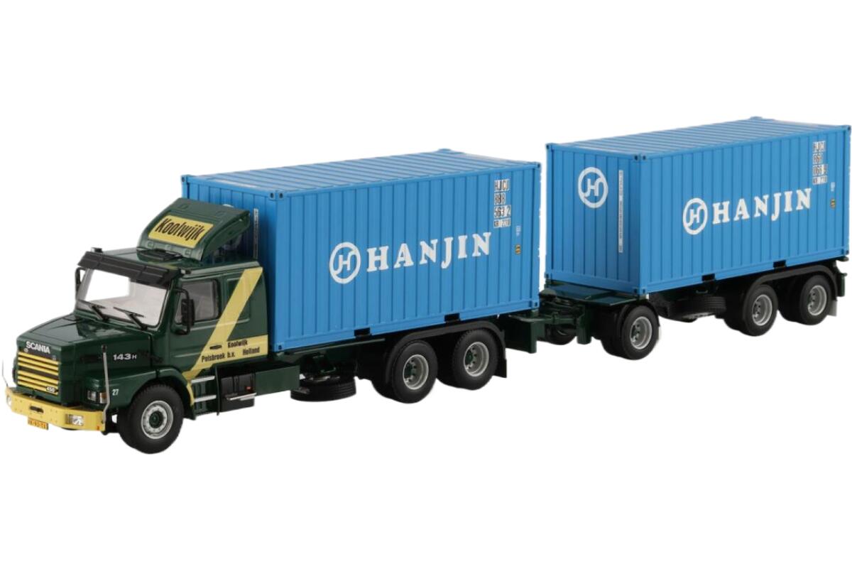 Koolwijk Scaniaスカニア 3-Series Torpedo 6x2 Tag Axle Container trailerコンテナトレーラー + 2x 20ft Container トラック 模型 /WSI 1/50