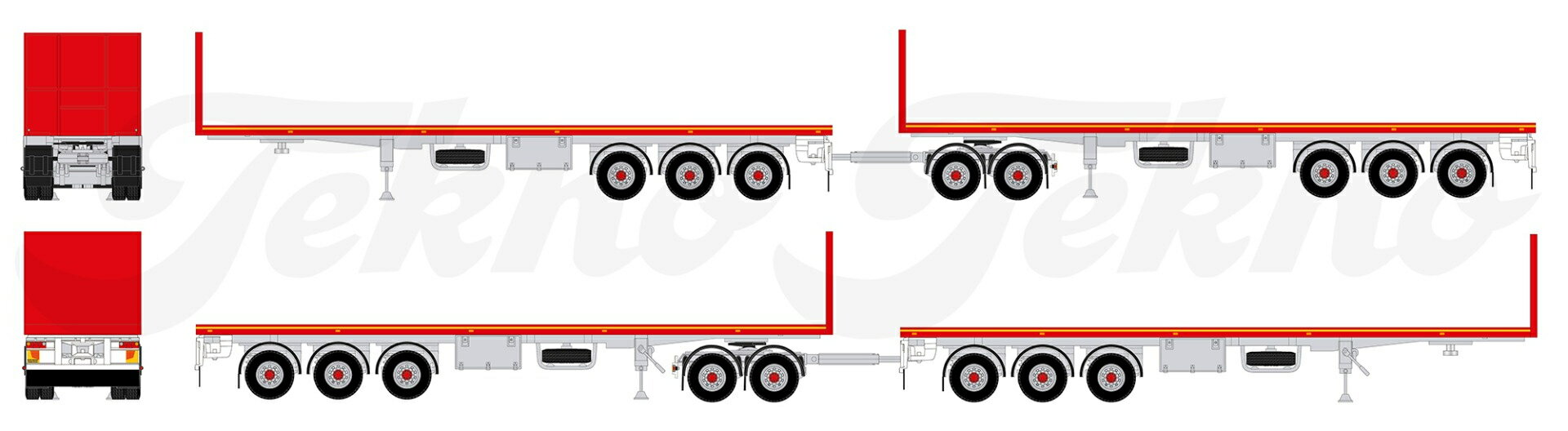 【予約】2023年発売予定Australian double flatbed red Australian roadtrain dubbele vlakke trailer met dollyトラック トレーラー/建設機械模型 工事車両 Tekno 1/50 ミニチュア