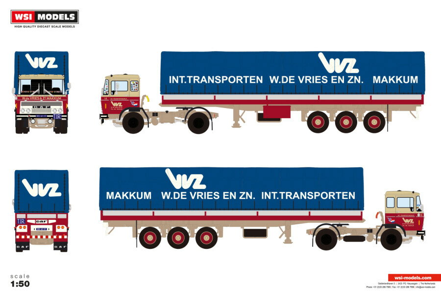 【予約】2026年発売予定 W. DE VRIES & ZN DAF 2600 4X2 クラシックカーテンサイダートレーラー 3軸 トレーラー / WSI 1/50 建設機械模型 工事車両