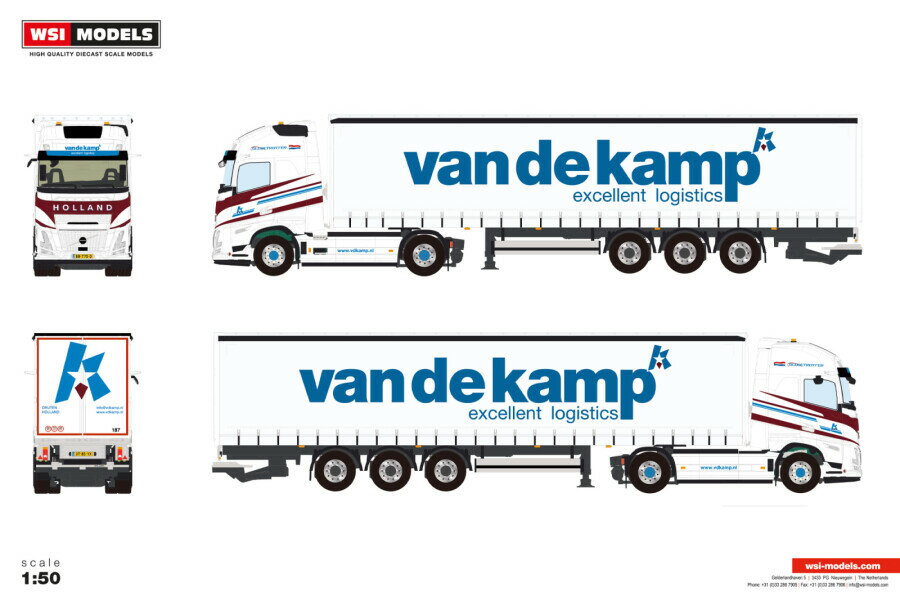 【予約】2026年発売予定 Volvoボルボ FH AERO GLOBETROTTER XL 4X2 カーテンサイダートレーラー 3軸 Van de Kamp / WSI 1/50 建設機械 模型