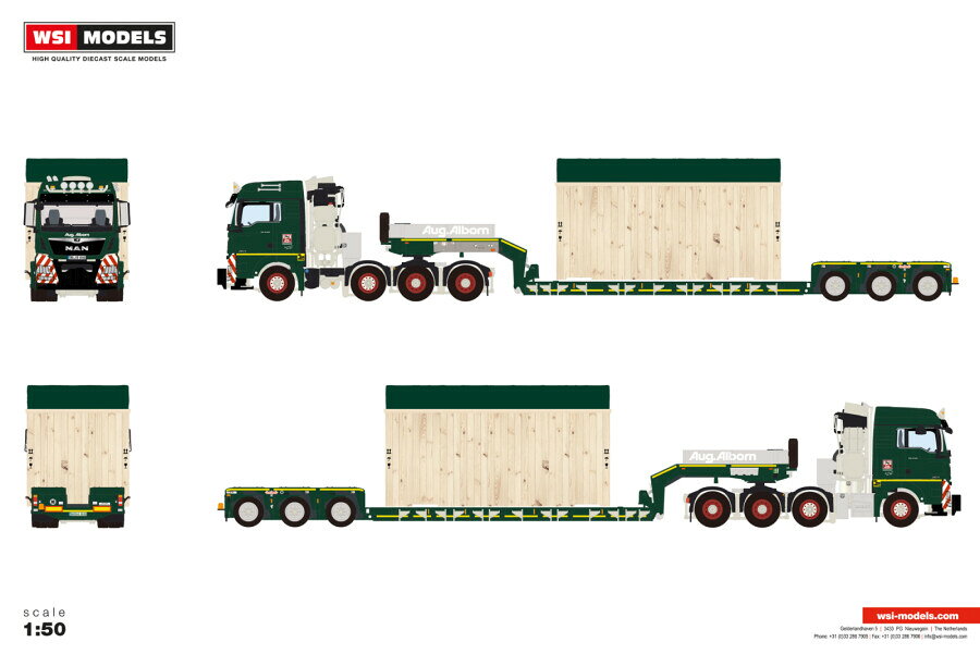 2026年発売予定 MAN TGX XLX EURO 6C FACELIFT 8X4 LOW LOADER 3 AXLE August Alborn / WSI 1/50 建設機械 模型