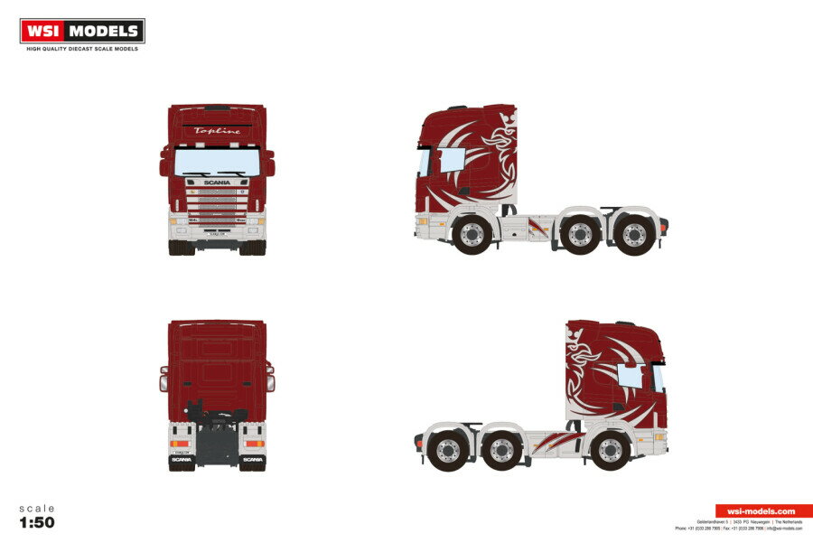 Hot Wheels - 【予約】2026年発売予定 Scaniaスカニア 4 SERIES TOPLINE 6X2 TWIN STEER Tractorトラクター Premium Line / WSI 1/50 建設機械 模型
