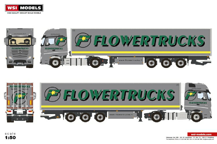 2020年1-3月以降発売予定Flowertrucks メルセデス・ベンツアクトロス MP4 GIGA SPACE 4X2 リーファートレーラー - 3軸 トラック/建設機械模型 工事車両 WSI 1/50 ミニチュア