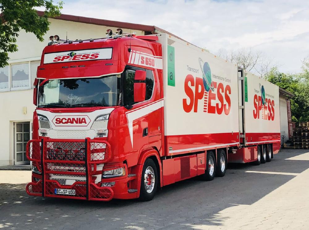 y\z2024N\SPIESS; SCANIA S HIGHLINE CS20H 6X2 TAG AXLE RIGED REEFER TRUCK DRAWBAR TRAILER 6 gbN /WSI 1/50 ݋@B͌^