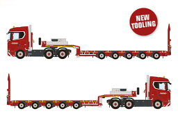 【予約】2024年発売予定NOOTEBOOM RED LINE; SCANIA R NORMAL CR20N 6X4 MANOOVR WITH EXCAVATOR TROUGH 5軸 トラック トレーラー/ WSI 1/50建設機械模型　ミニチュア