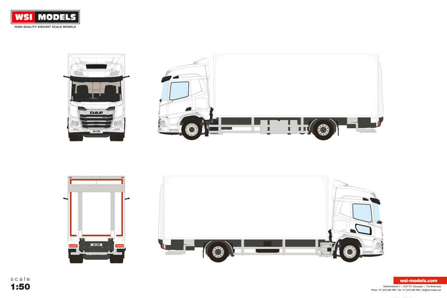 2027年発売予定 White Line DAF XD SH WITH SKY LIGHTS AND SIDE WINDOW RIGED BOX / WSI 1/50 ミニカー トラック模型