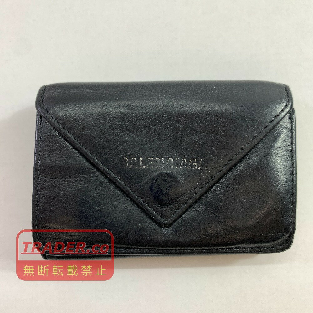 樂天商城 - 04w6785▽※【中古】BALENCIAGA バレンシアガ ペーパーミニウォレット 391446.1000.U.527545 3つ折り財布 レザー ブラック【八王子店】