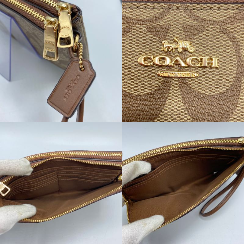 【中古】COACH コーチ 財布 長財布 ポーチ F16109 ラグジュアリー シグネチャー PVC レザー ダブル ジップ ウォレット 茶色 ブラウン 中古品 05r5508【館林店】