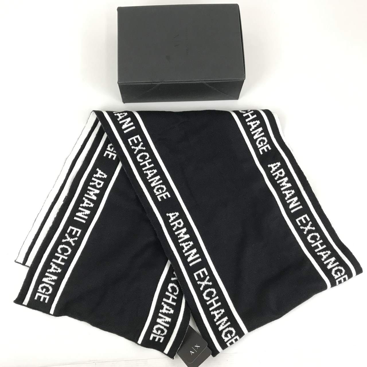 【中古】ARMANI EXCHANGE/アルマーニエクスチェンジ コットンニットマフラー メンズ ロゴデザイン 無地 タグ付き 6ZZ485-ZMS1Z ブラック/黒色 ホワイト/白色 04r5973【八王子店】