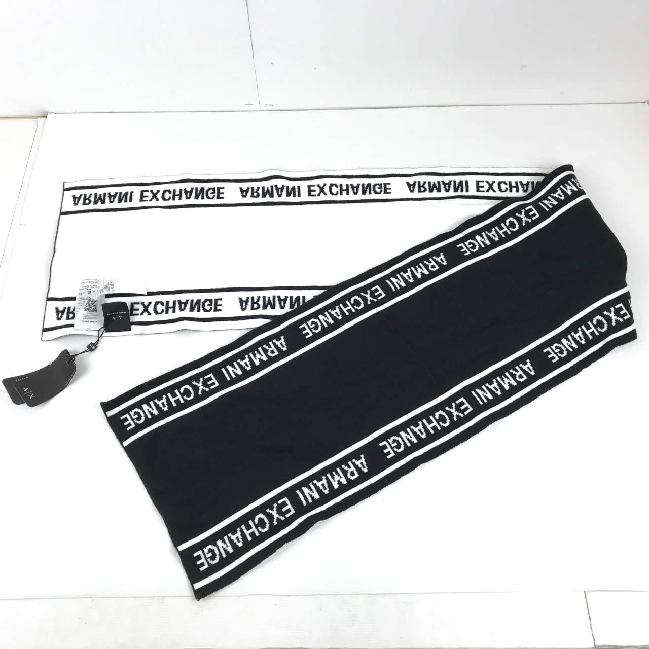 【中古】ARMANI EXCHANGE/アルマーニエクスチェンジ コットンニットマフラー メンズ ロゴデザイン 無地 タグ付き 6ZZ485-ZMS1Z ブラック/黒色 ホワイト/白色 04r5973【八王子店】 2