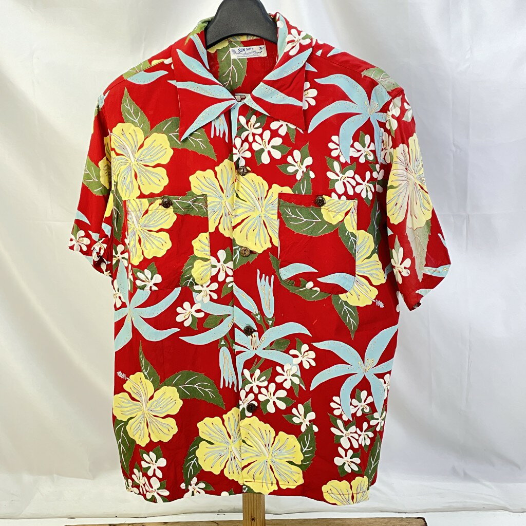【中古】 サンサーフ SUN SURF アロハシャツ ハイビスカス 総柄 レッド サイズS メンズ 半袖シャツ SS31591 01w-4169 【結城店】
