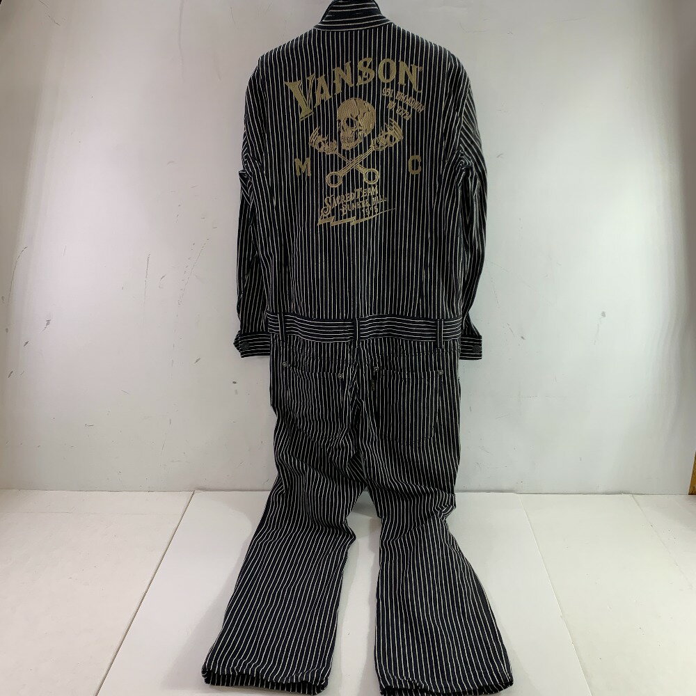 04w3941▽※【中古】VANSON バンソン オールインワン つなぎ オーバーオール スカル 刺繍 長袖　ストライプデニム【八王子店】