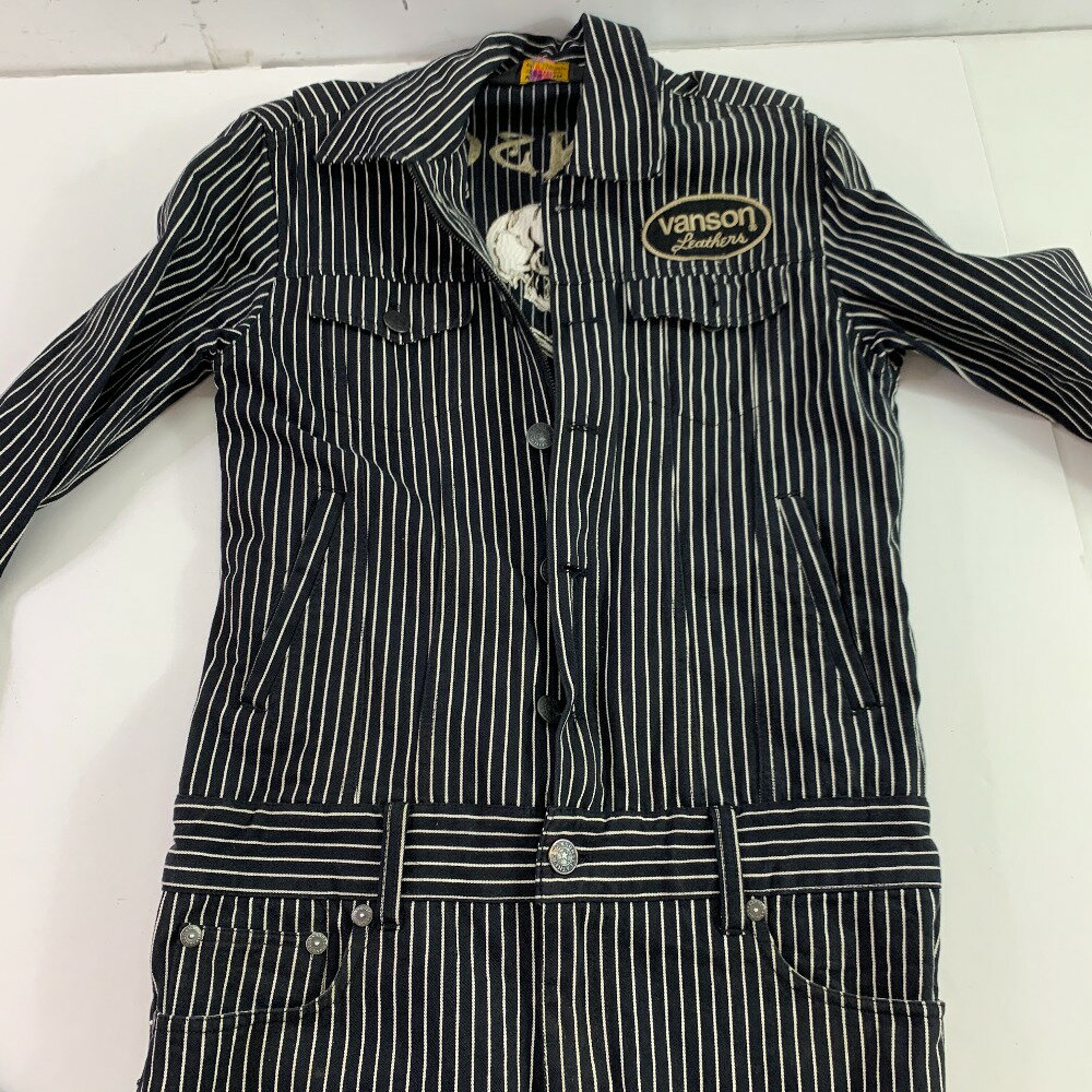 04w3941▽※【中古】VANSON バンソン オールインワン つなぎ オーバーオール スカル 刺繍 長袖　ストライプデニム【八王子店】