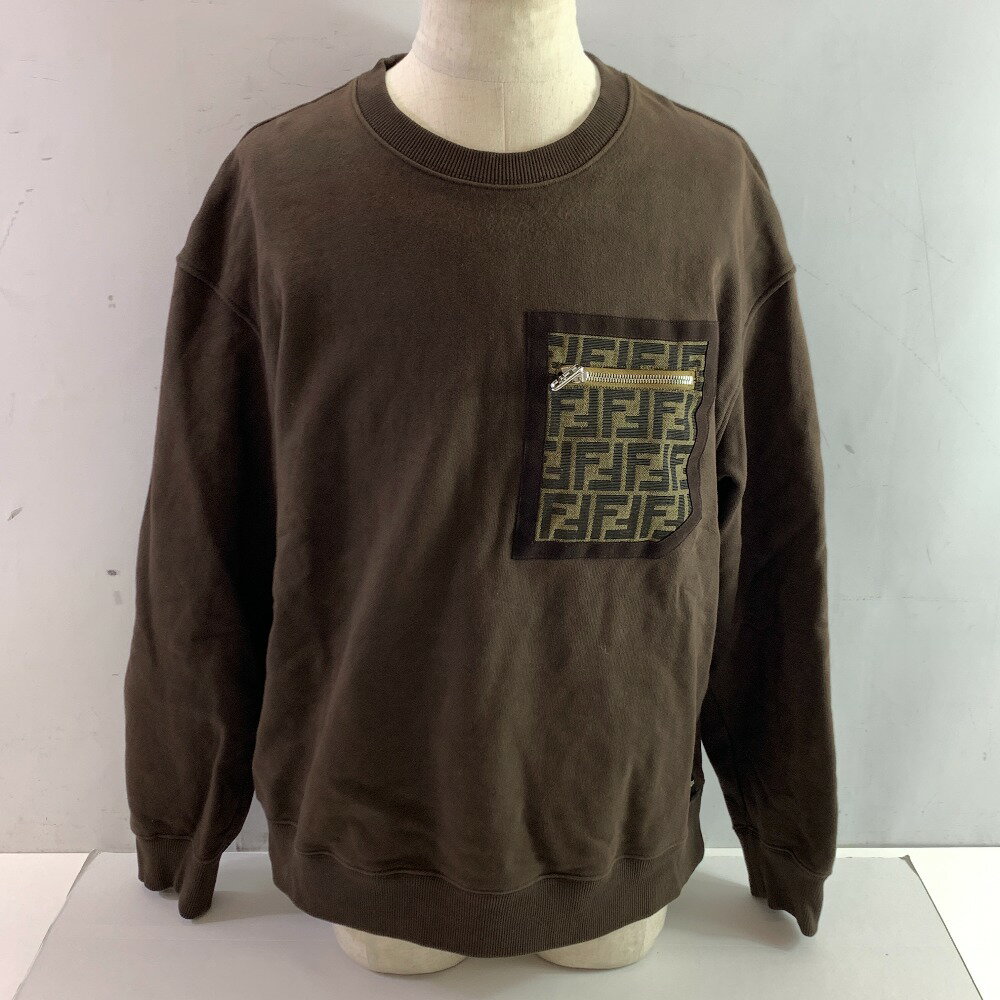 04w4851▽※【中古】FENDI フェンディ FY3938 APNO スウェットシャツ FFモチーフ レザー製パッチポケット 長袖クルーネック トレーナー 丸首 ブラウン XLサイズ【八王子店】