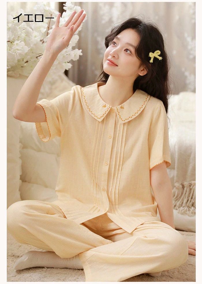 パジャマ レディース 前開き 半袖 ガーゼ 夏用 春夏 可愛い ダブルガーゼ 5分丈 花...