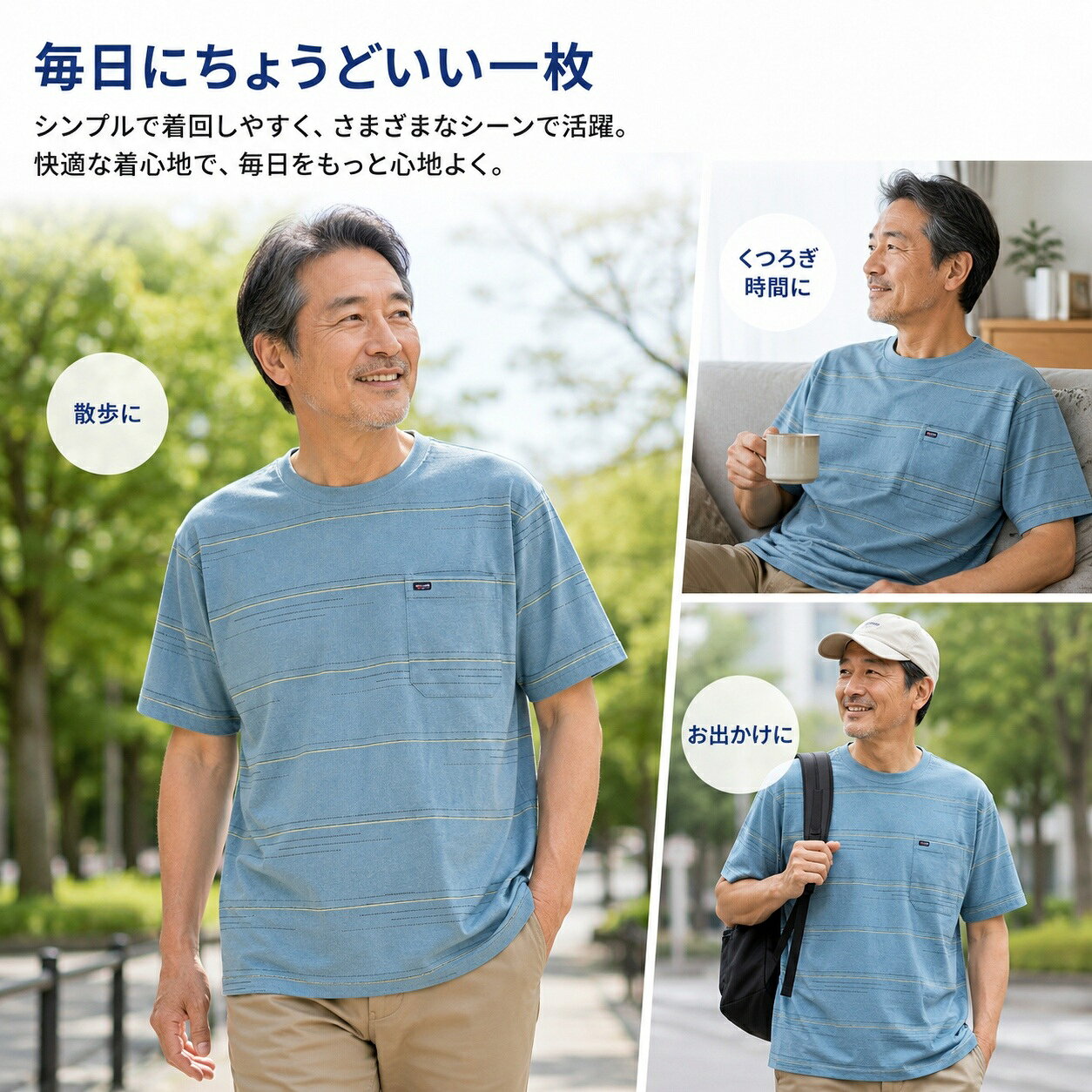 Tシャツ メンズ 半袖 綿100% ボーダー 胸ポケット クルーネック 丸首 ゆったり 通気性 しわになりにくい コットン 肌ざわり 快適 夏服 春夏 普段着 部屋着 散歩 旅行 ミドル シニア 中高年 父の日 祖父 敬老の日 プレゼント 大きいサイズ カジュアル トップス 男性 4色 M-3XL tramonto-10027156 トラモント楽天市場店 サンプル画像3