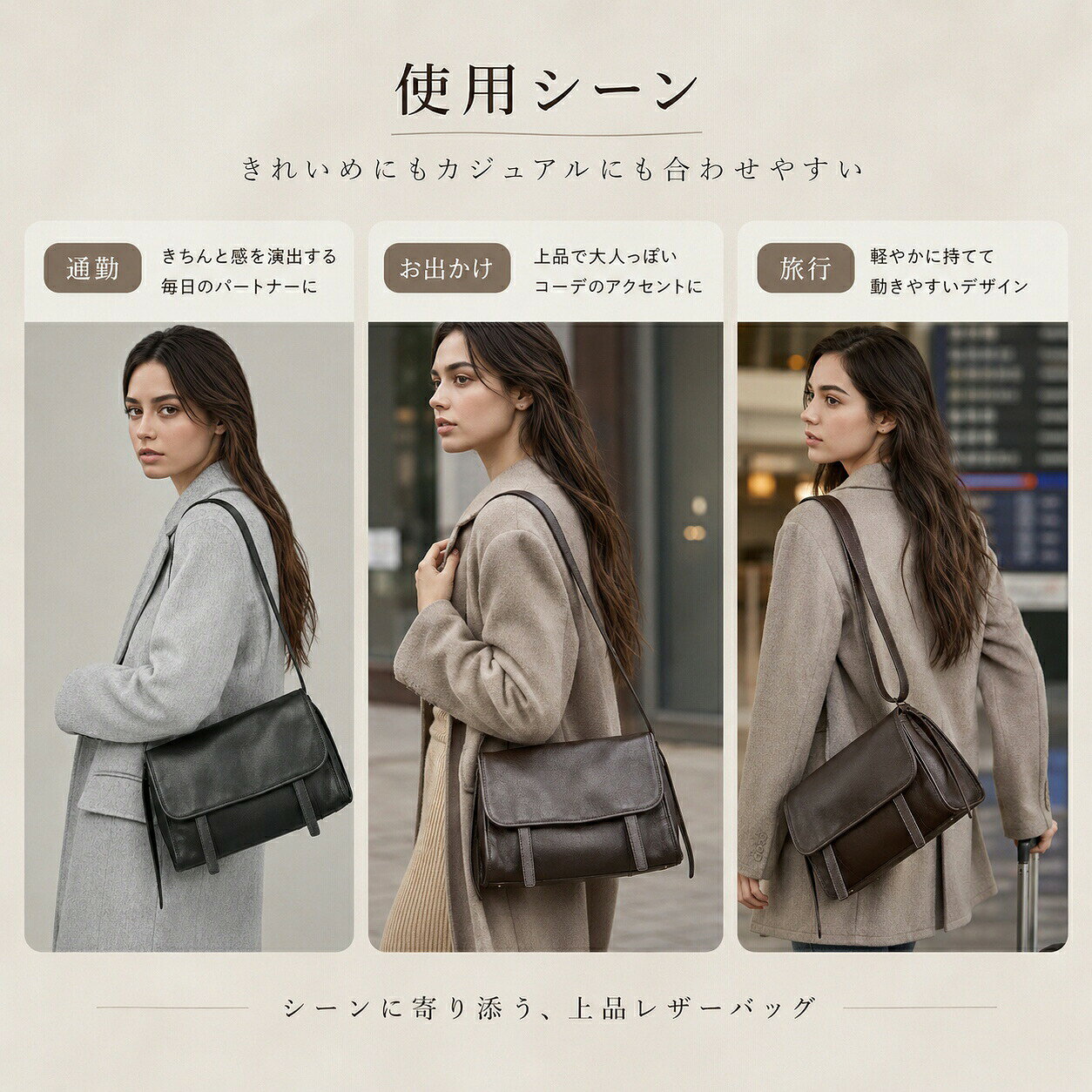 【ポイント5倍】ショルダーバッグ レディース 本革 牛革 斜めがけ ハンドバッグ 2way 肩掛け 手提げ トートバッグ 通勤バッグ レザー 大人 きれいめ 軽量 やわらかい 横型 スクエア ファスナー付き スマホポケット 30×11×24cm 通勤 旅行 普段使い ブラック コーヒー tramonto-10027170 トラモント楽天市場店 サンプル画像3