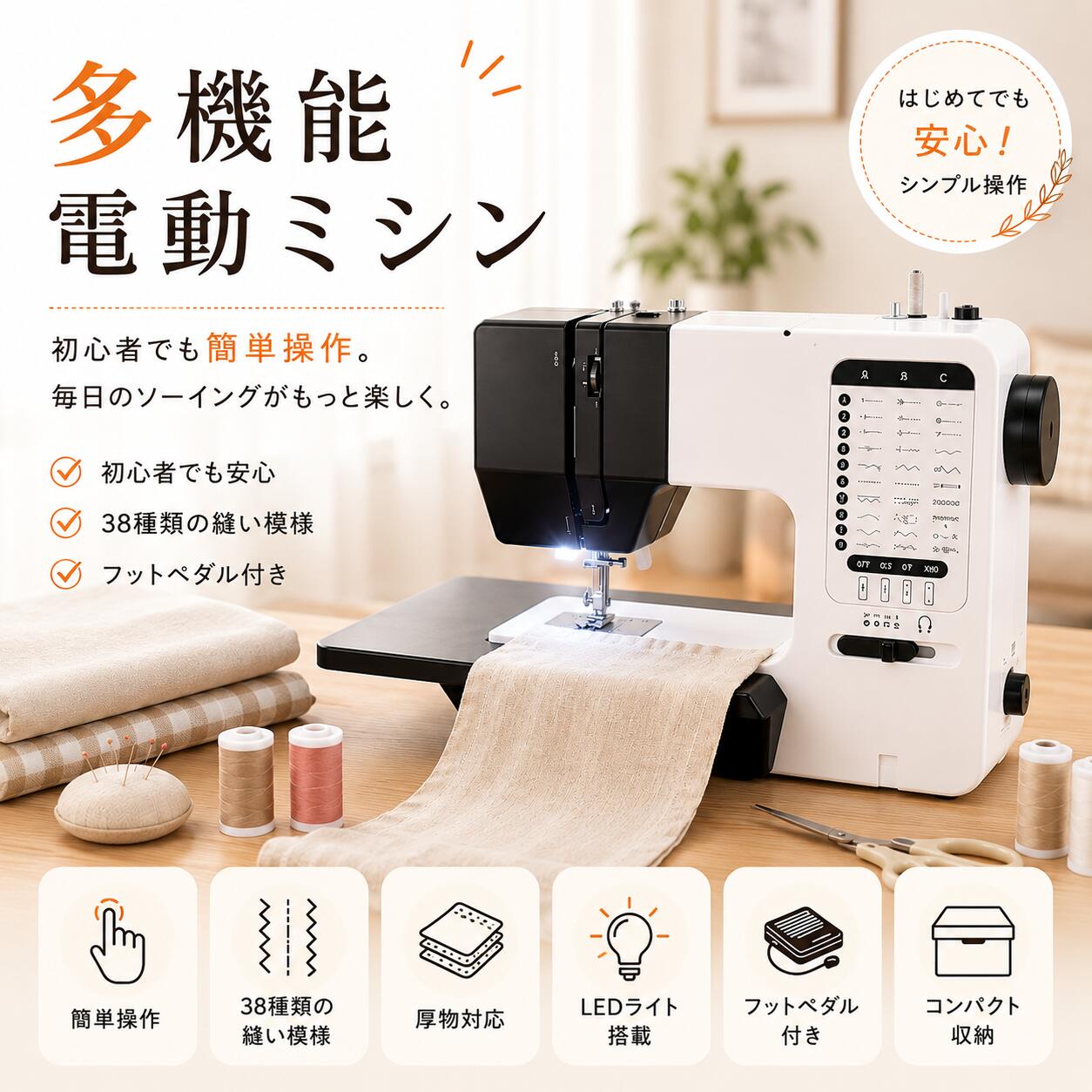 【商品説明】毎日のソーイングを、もっと身近に。 初心者から経験者まで使いやすい、多機能コンパクト電動ミシン。 38種類の縫い模様を搭載し、衣類の補修からハンドメイド作品、小物制作まで幅広く対応。 コンパクトサイズながら十分なパワーを備え、ご家庭でのソーイングを快適にサポートします。 フットコントローラーLEDライト返し縫い自由アームなど便利な機能を充実。 初めてミシンを使う方でも安心してスタートでき、毎日の裁縫をもっと楽しく、もっと簡単にします。【商品仕様】商品名：多機能電動ミシン 縫い模様：38種類 操作方法：本体操作フットコントローラー LEDライト：搭載 コンパクト設計 家庭用AC電源対応【商品特徴】【 38種類の縫い模様を搭載】 用途に合わせて自由に選べる38種類のステッチ。 直線縫いジグザグ縫いボタンホール飾り縫いなど、日常使いからDIYまで幅広く対応します。 【初心者でも簡単操作】 複雑な設定は不要。 ダイヤルを回すだけで縫い模様を切り替えられ、初めての方でもスムーズに使用できます。 誰でもすぐにソーイングを楽しめます。 【 フットコントローラー付き】 両手で生地をしっかり支えながら縫えるフットペダルを付属。 細かなコントロールがしやすく、長時間の作業でも快適です。 【 LEDライト搭載】 針元を明るく照らすLEDライトを内蔵。 暗い色の生地や細かな作業も見やすく、縫いミスを軽減します。 【 コンパクトなのにパワフル】 場所を取らない省スペース設計。 収納しやすく、使いたい時だけサッと取り出せます。 軽量設計なので持ち運びにも便利です。 【 厚手の生地にも対応】 デニムやキャンバスなどの厚手素材にも対応。 日常の補修からバッグエプロンなどの制作まで幅広く活躍します。 素材や厚みにより縫製条件が異なります。 【返し縫い機能付き】 ワンタッチで返し縫いが可能。 縫い始め縫い終わりをしっかり固定し、美しく丈夫な仕上がりになります。 【 自由アーム仕様】 袖口ズボン裾子供服などの筒状部分も縫いやすい自由アーム設計。 細かな補修作業もラクラク行えます。 【 ご家庭の様々なシーンで活躍】 洋服のお直し 子供用品の制作 カーテンの裾上げ バッグポーチ作り ハンドメイド作品 DIY趣味のクラフト 1台あるだけで毎日のソーイングがもっと便利になります。【おすすめポイント】初心者でも使いやすいシンプル設計 38種類の縫い模様で幅広い作品づくり フットペダル付きで両手が自由 LEDライトで見やすく快適 コンパクトなのにパワフル 厚手生地にも対応 毎日の補修からハンドメイドまでこれ一台