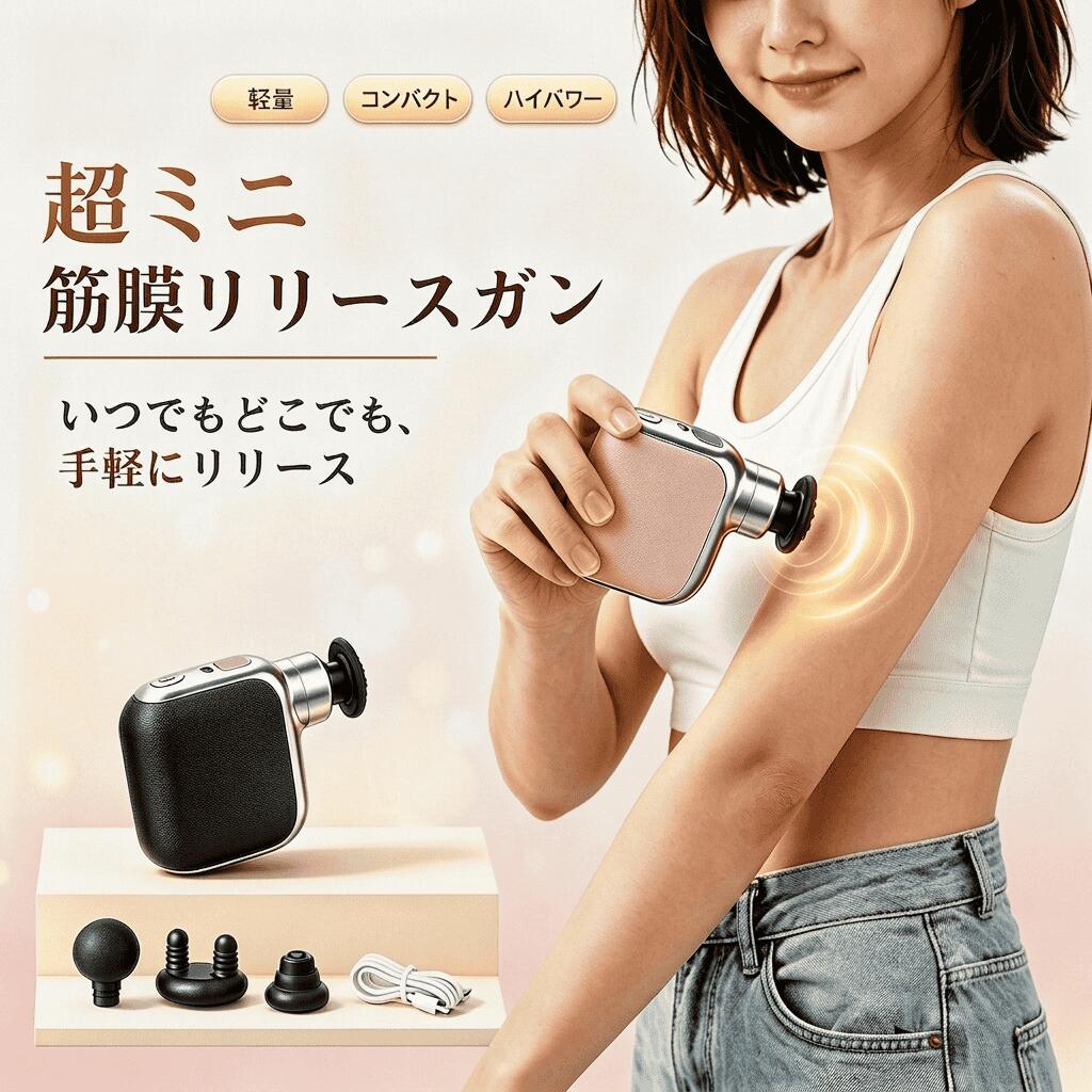 【商品サイズ仕様】商品名：ミニ筋膜ガン 素材：ABS カラー：黒+銀 / ピンク+銀 充電ポード：Type-C バッテリー容量：650mAh フル充電時間：約1時間 連続使用時間：約8時間（使用モードによる） 回転数：1400~2400rpm サイズ：L96×W68×H37mm 重量：200g セット内容：本体×1、ラバーヘッド×3【手のひらサイズ200gの超軽量設計】本体重量わずか200g、L96×W68×H37mmのコンパクトサイズ。ポケットやバッグにも収まり、自宅オフィスジム旅行先など、どこでも手軽に持ち運べます。【1400~2400rpmの多段階振動で部位別ケア】1400~2400rpmの範囲で振動数を調整可能。低速は筋肉の緊張をほぐすリラックスケアに、高速は運動後の筋肉の張り緩和に、体調や部位に合わせて使い分けられます。【Type-C充電で長時間使用可能】650mAhバッテリーを内蔵し、フル充電約1時間で最大約8時間の連続使用が可能。Type-Cポートでモバイルバッテリーからも充電でき、外出先でも安心です。【静音設計で周囲を気にせず使える】静音モーターを採用し、作動音を抑えた設計。深夜や公共の場でも、周囲を気にせずリフレッシュできます。【3種類のラバーヘッド付きで部位に合わせて使える】用途別のラバーヘッドが3種類付属。肩腰脚手首など、体の各部位に合わせて交換するだけで、的確な筋膜ケアが可能です。