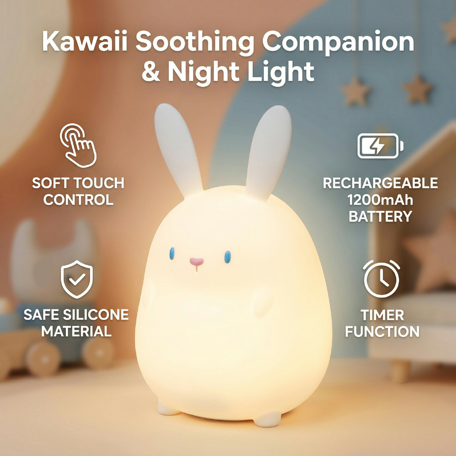 商品ポイント仕様：アイテムタイプ: かわいいバニーナイトライト素材: シリコーン、電子部品重量: 約。 241.00g / 8.5オンス製品サイズ: 約。 96x113x147mm / 3.78x4.45x5.79インチバッテリータイプ: リチウムイオンバッテリー 1200mAh (内蔵バッテリー)充電時間: 4 時間使用方法：製品を充電するだけですぐに使用できます。詳細な手順については、ユーザーマニュアルを参照してください。パッケージリスト:1 x かわいいバニーナイトライト1×USB充電ケーブル1×取扱説明書