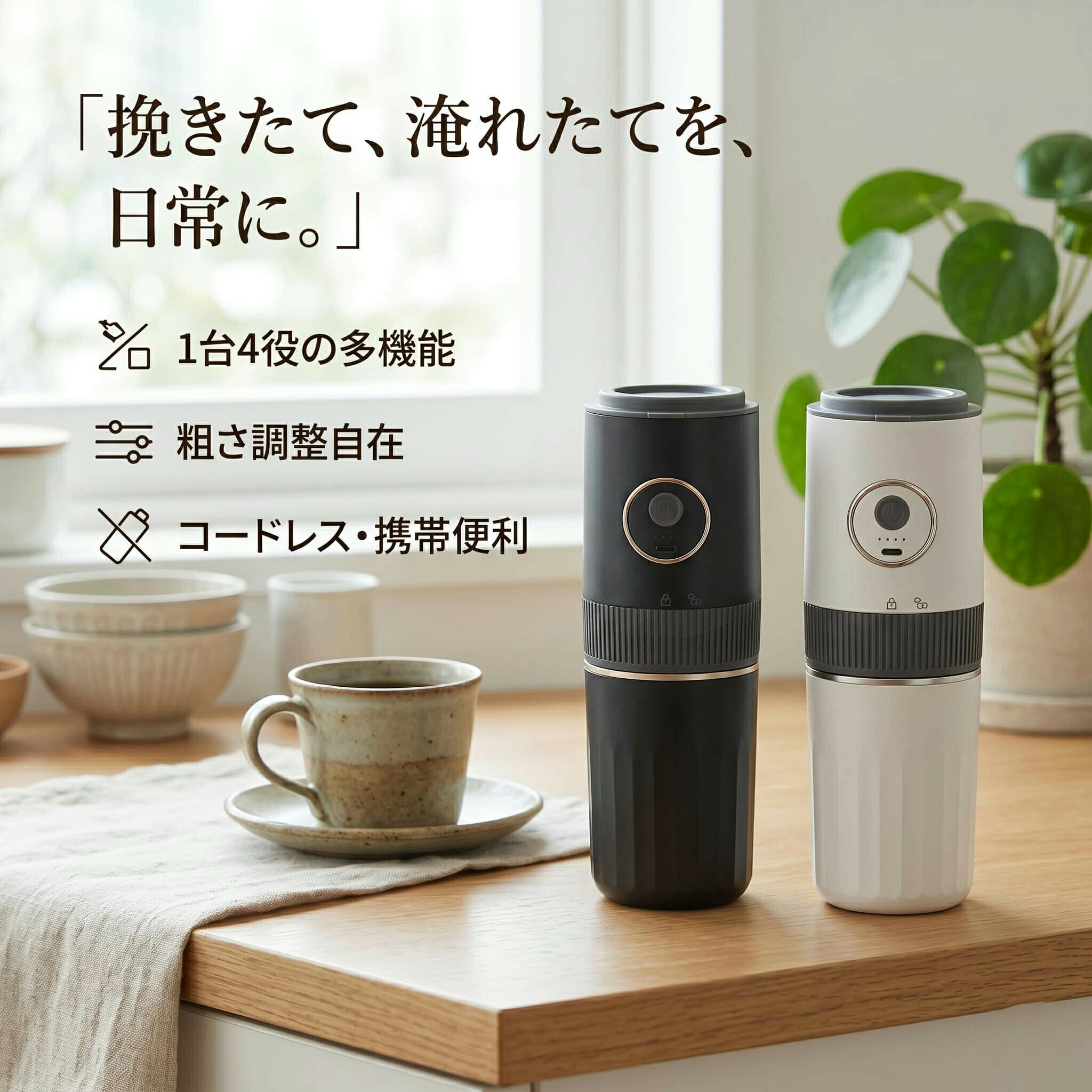 商品情報【1台4役のオールインワンコーヒーセット】コーヒーグラインダー、ドリッパー、ドリップポット、保温タンブラーを1台に集約した多機能モデルです。複数の器具を持ち運ぶ必要がなく、自宅はもちろん、キャンプや旅行先でも挽きたてのコーヒーを手軽に楽しめます。ハンドドリップコーヒー、アイスコーヒー、アレンジコーヒーなど幅広いスタイルに対応します。【挽き目調整可能な本格グラインドシステム】外部調整ダイヤルを搭載し、細挽きから粗挽きまで自由に調整可能。エスプレッソ向けの極細挽きからフレンチプレス向けの粗挽きまで対応し、お好みの抽出方法に合わせた理想の挽き目を実現します。さらに、高密度304ステンレスフィルターを採用し、微粉を抑えながらクリアで雑味の少ないコーヒーを抽出できます。【コードレス設計＆長時間使用可能】充電式バッテリーを内蔵したコードレス仕様で、電源のない場所でも使用可能。フル充電で複数回の研磨に対応し、アウトドアや出張先でも活躍します。バッテリー保護機能や温度保護機能を備え、安全性にも配慮されています。ワンタッチ操作で簡単に挽けるため、初心者にもおすすめです。【分解できてお手入れ簡単】グラインド部、フィルター、粉受けカップは取り外して水洗い可能。コーヒー粉や油分が残りにくく、いつでも清潔な状態を維持できます。日常のお手入れがしやすく、コーヒー本来の香りを長く楽しめます。【アウトドアから自宅まで幅広く活躍】自宅での日常使いはもちろん、キャンプ、ピクニック、旅行、出張などさまざまなシーンで活躍します。コーヒー豆を入れる→挽き目を調整する→研磨する→お湯を注ぐだけの簡単ステップで、本格的なハンドドリップコーヒーを楽しめます。【スタイリッシュなデザイン＆保温タンブラー付き】スリムな一体型デザインで収納しやすく、キッチンやデスクにも自然になじみます。二重構造の保温タンブラーを採用し、挽く抽出する飲むまでを1台で完結。コーヒー器具をまとめて持ち歩きたい方に最適なオールインワンモデルです。