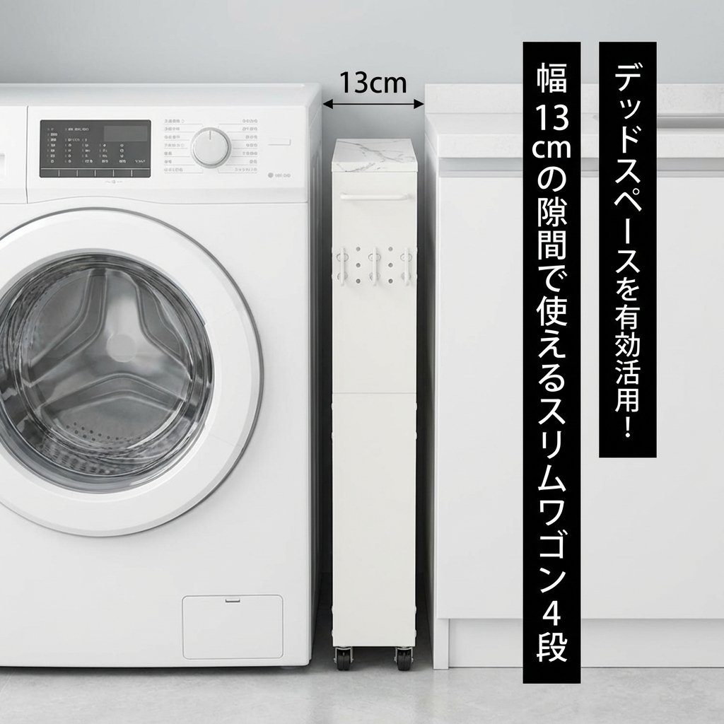スリムラック 幅13cm キャスター付き キャスター付きスリムワゴン 4段 タワー tower 隙間収納 15cm 洗面所 冷蔵庫 洗面台 キッチンワゴン すき間 収納 ランドリー ラック 薄型 ストック収納 洗濯機 横 引き出し ホワイト ブラック 白 黒 tramonto-10028887 トラモント楽天市場店 サンプル画像2